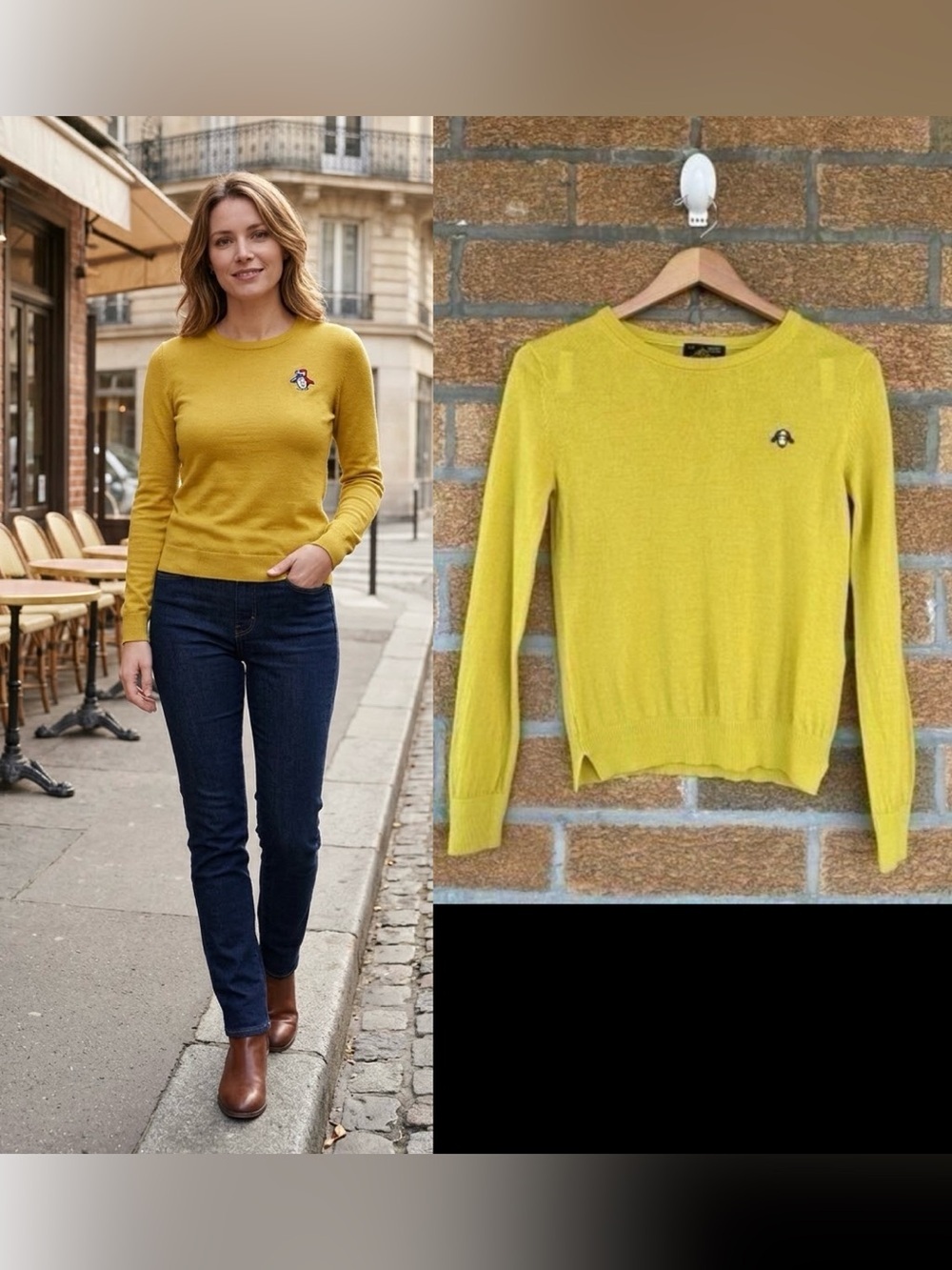 Le Mont St Michel XS Yellow Fine Knit Merino Wool Sweater Dog Logo Top